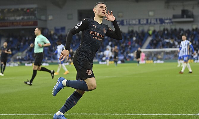 Phil Foden del City celebrando un gol. Cuotas Manchester City vs Chelsea, final Champions League.