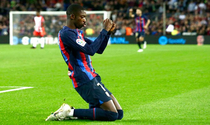 Ousmane Dembele celebra un gol del FC Barcelona por LaLiga