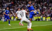 Omar Alderete del Getafe en partido contra el Real Madrid por la Liga Española